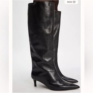 Free People Kiki Knee High Kitten Heel Boots Womens Size 7 Black Leather Pull On